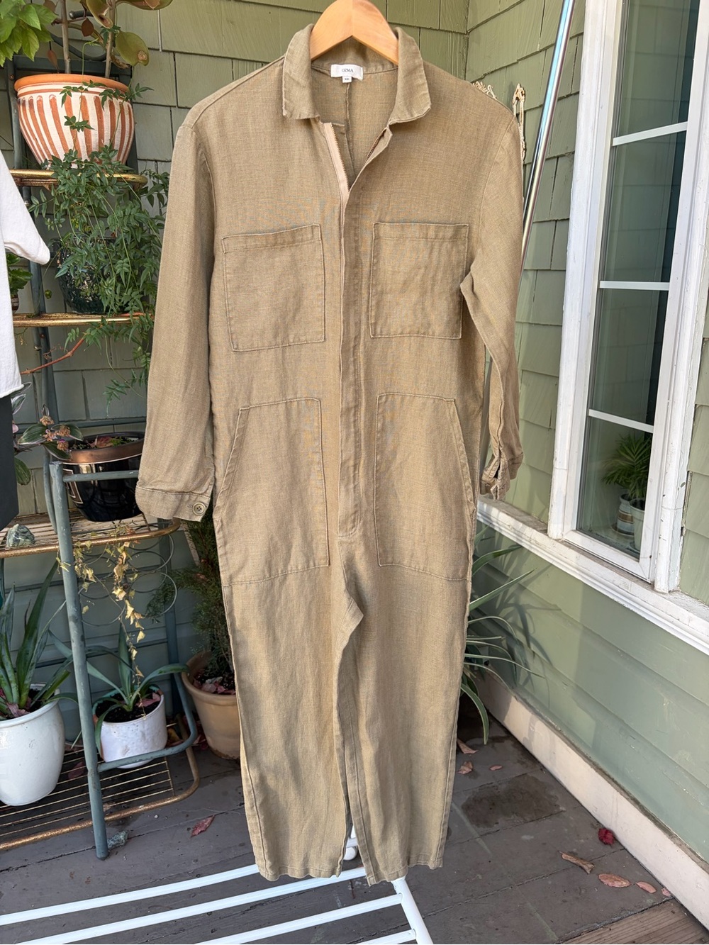 OZMA Eva Linen Long Sleeve Jumpsuit in Khaki